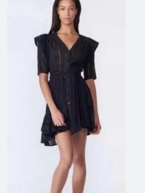 Veronica Beard Black Eyelet Button-Front Dress